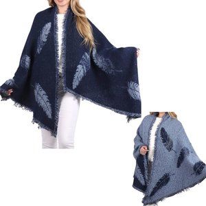 Navy Feathered Patterned Scarf/Cape/Blanket Scarf Reversable 100% Viscose